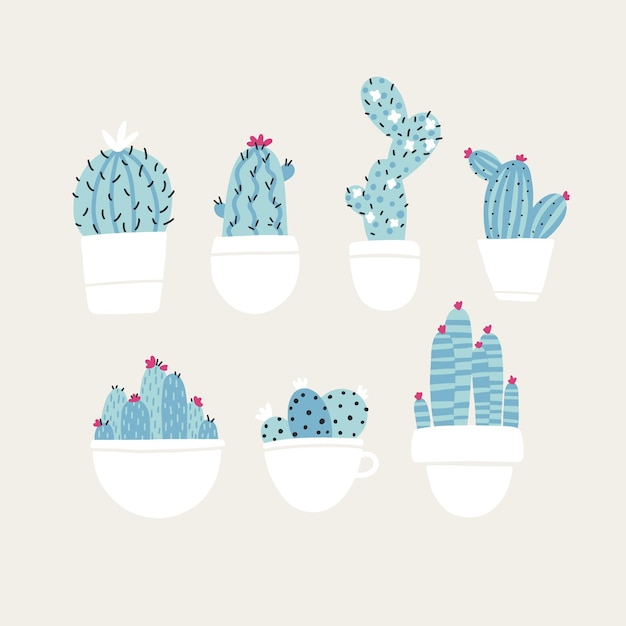 Colección de plantas con flores caseras cactus y suculentas en macetas. Estilo de dibujo de dibujos animados escandinavos dibujados a mano de moda. Paleta de colores pastel minimalista.