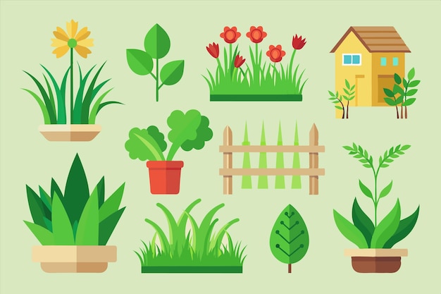 una colección de plantas y flores, incluida una casa con una casa y una valla