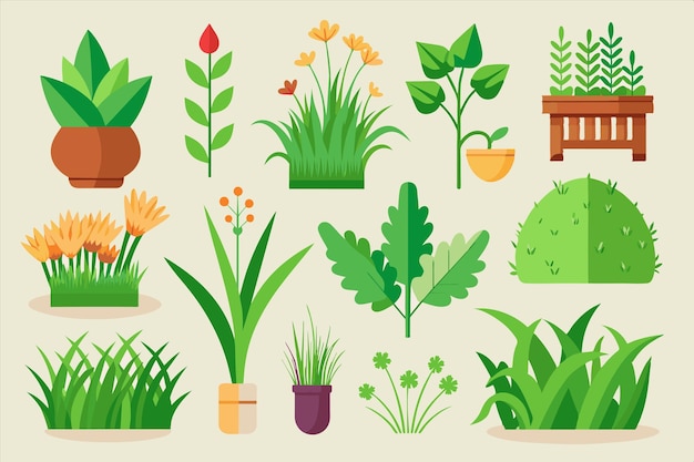 una colección de plantas y flores, incluida una casa de pájaros