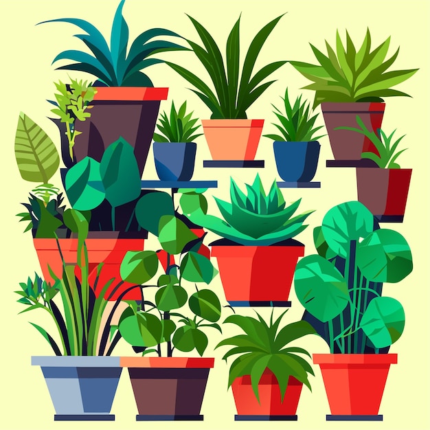 Colección de plantas de interior dibujadas a mano o Colección de hermosas plantas de interior en macetas