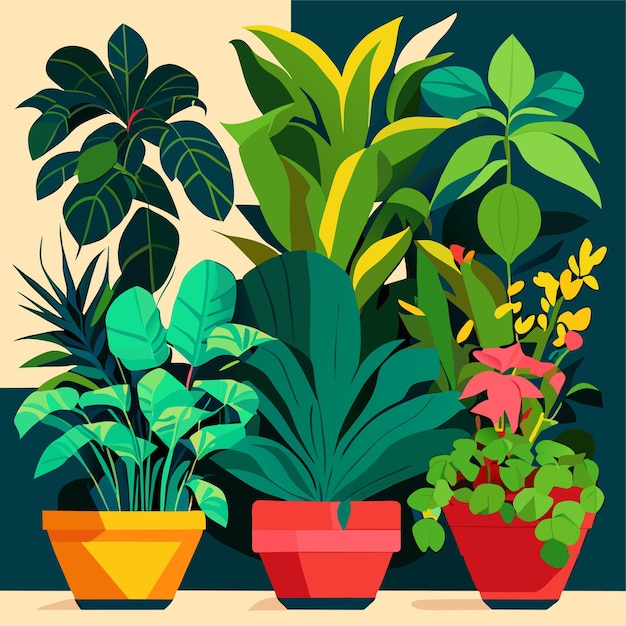 Colección de plantas de interior dibujadas a mano o colección de hermosas plantas de interior en macetas