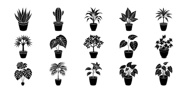 Colección de plantas de interior de silueta en macetas