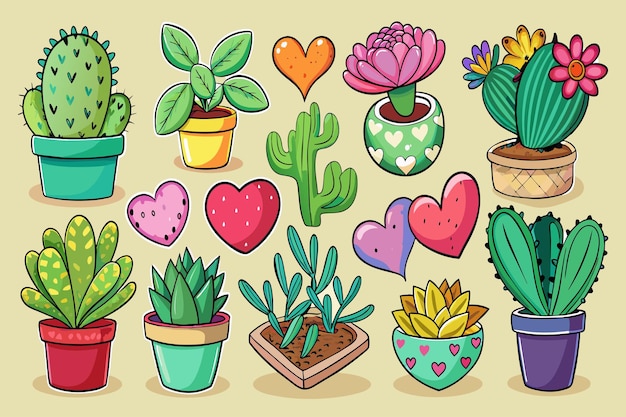 Una colección de plantas en maceta y corazones, incluidos cactus y suculentas