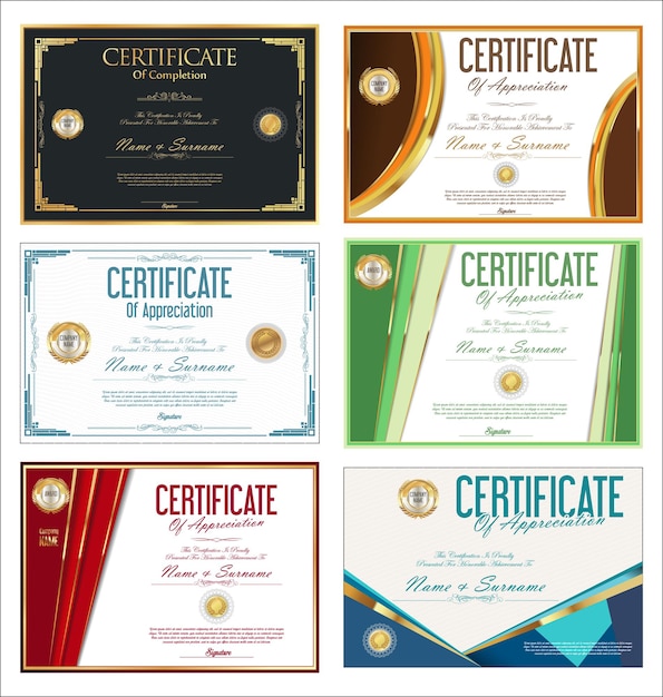 Colección de plantilla de diseño retro de certificado o diploma colorido