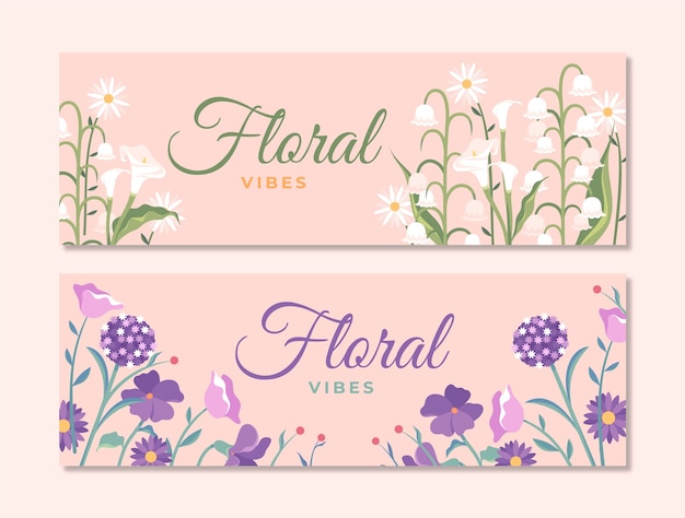 Colección de plantillas de banderas horizontales florales dibujadas a mano con flores y plantas en rosa