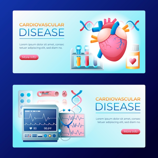 Colección de plantillas de banderas horizontales con gradiente para enfermedades cardiovasculares con monitor cardíaco y médico