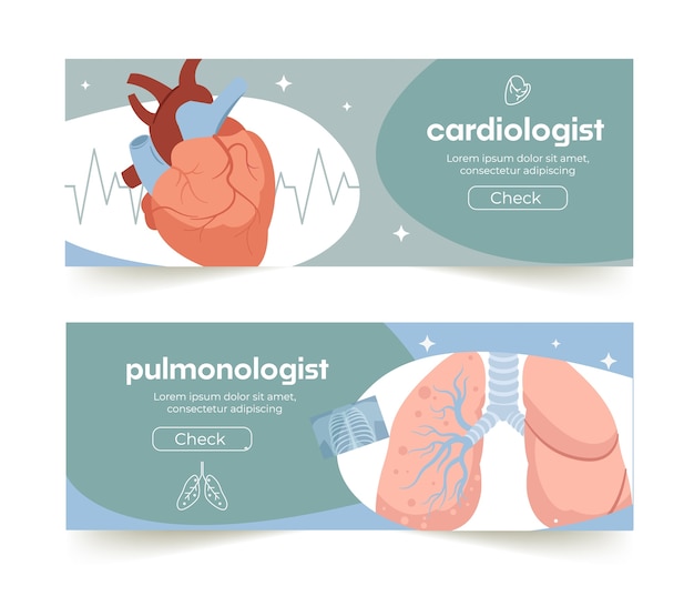 Colección de plantillas de banderas horizontales de órganos planos dibujados a mano con corazón y pulmones anatómicos