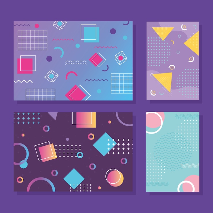 Vector colección de plantillas de banner de estilo memphis, años 80 90 con ilustración de formas geométricas