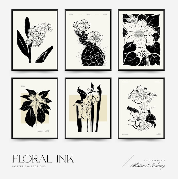 Colección de plantillas de carteles florales abstractos. Moderno estilo botánico negro de moda. Flores antiguas.