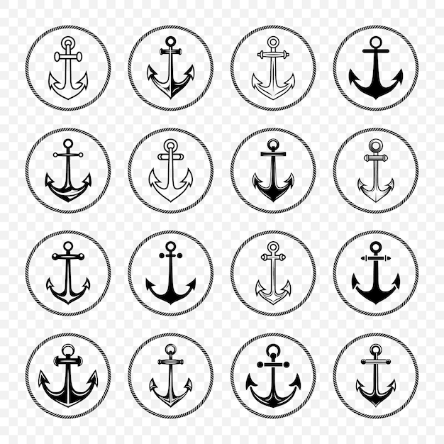 Colección de plantillas de diseño de anclajes vectoriales Conjunto de iconos de silueta de anclaje aislados en blanco y negro con contorno de anclaja Ilustración vectorial