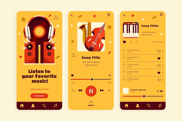 Vector colección de plantillas de diseño de aplicaciones de música dibujadas a mano con una lista de música