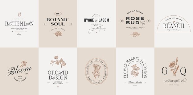 Colección de plantillas de diseño de logotipo de vector botánico mínimo de arte de línea dibujada a mano