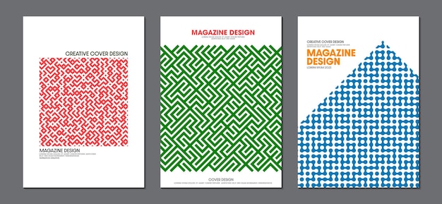 Colección de plantillas de diseño de portadas con patrones geométricos.