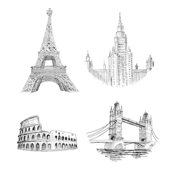 colección de plantillas de diseño vectorial de ilustraciones de bocetos de edificios de países
