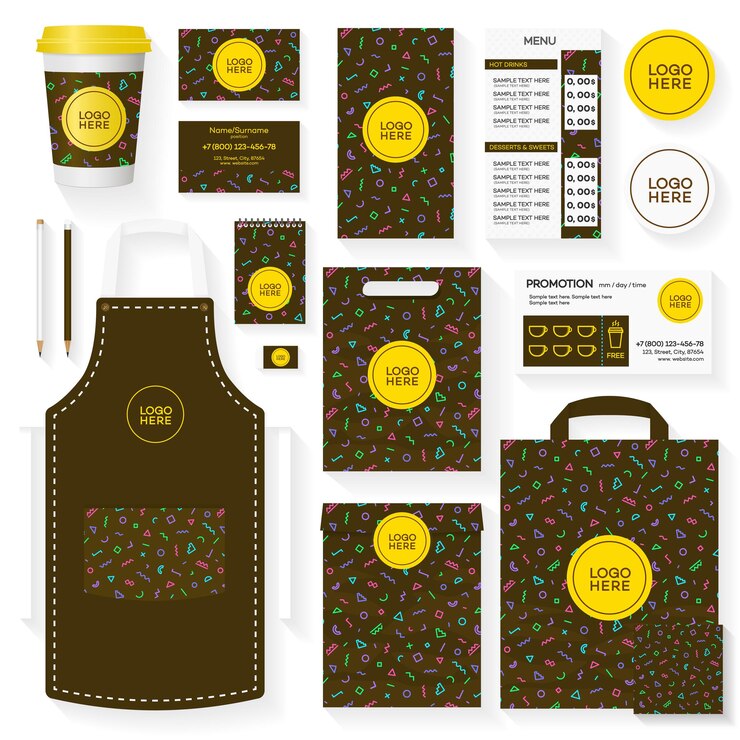 Vector colección de plantillas de identidad corporativa de cafeterías con patrón geométrico de memphis y lugar para su logotipo. colección de cafetería de restaurantes, tarjeta, volante, menú, paquete, conjunto de diseño uniforme. ilustración vectorial