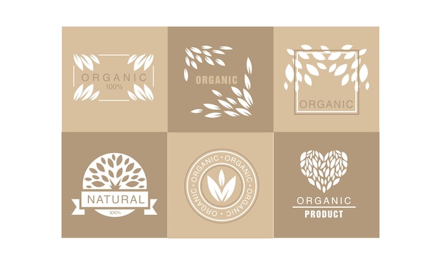 Vector colección de plantillas de logotipos creativos con hojas abstractas producto natural 100 orgánico estilo de vida saludable insignias monocromáticas emblemas originales para tienda de alimentos ecológicos ilustraciones vectoriales aisladas