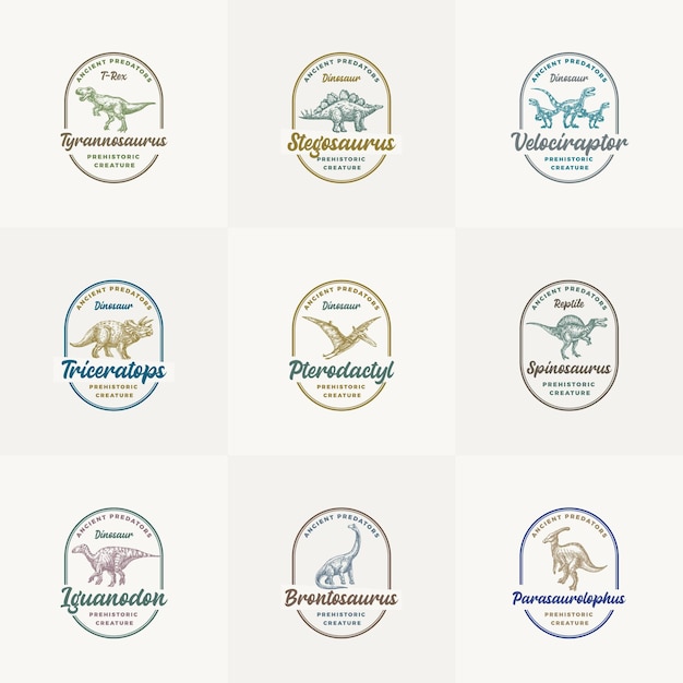 Colección de plantillas de logotipos de dinosaurios de criaturas prehistóricas reptiles antiguos dibujados a mano con tipografía retro en marcos