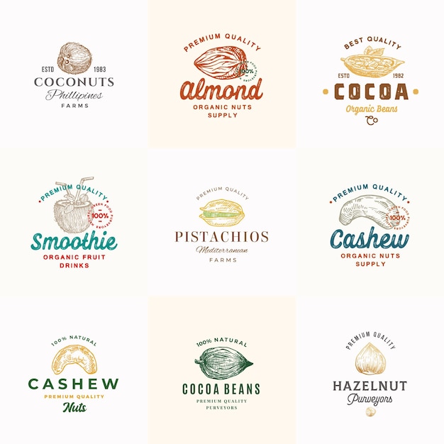 Colección de plantillas de logotipos de nueces, cacao y cocos de primera calidad