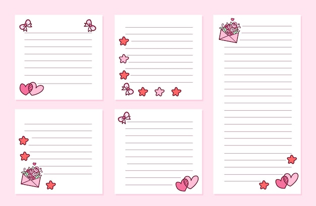 Colección de plantillas de notas de amor rosa estilo kawaii