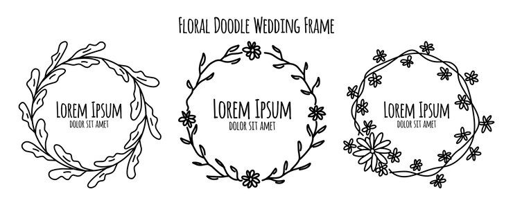 Colección de plantillas de ornamento de marco de boda floral doodle bosquejo