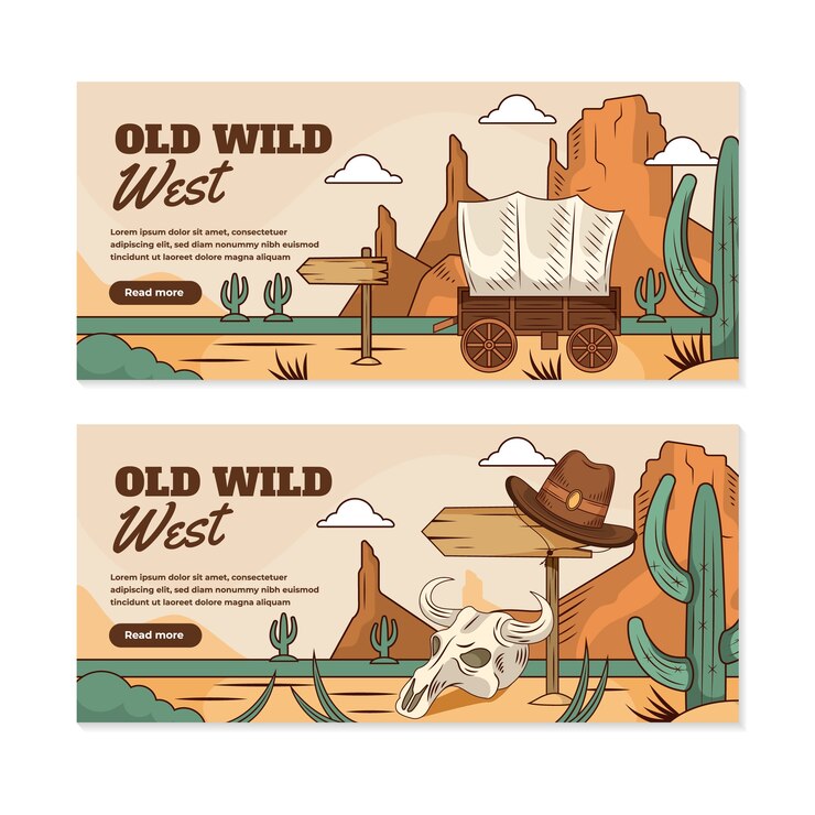 Vector colección de plantillas de pancartas horizontales de vaquero plano dibujadas a mano con paisajes del oeste salvaje