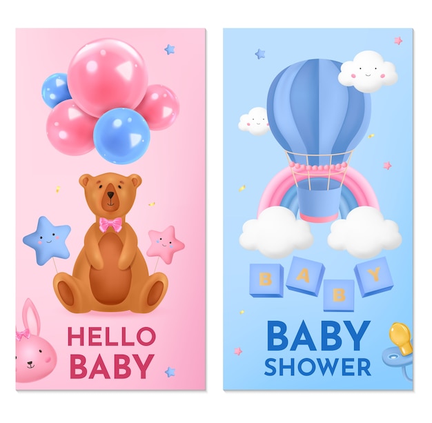 Colección de plantillas de pancartas verticales realistas para niños y niñas con juguetes para bebés