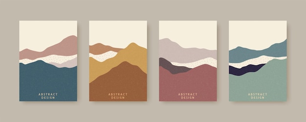 Colección de plantillas de portada de estilo nórdico diseñadas con paisajes abstractos de montaña en tonos tierra