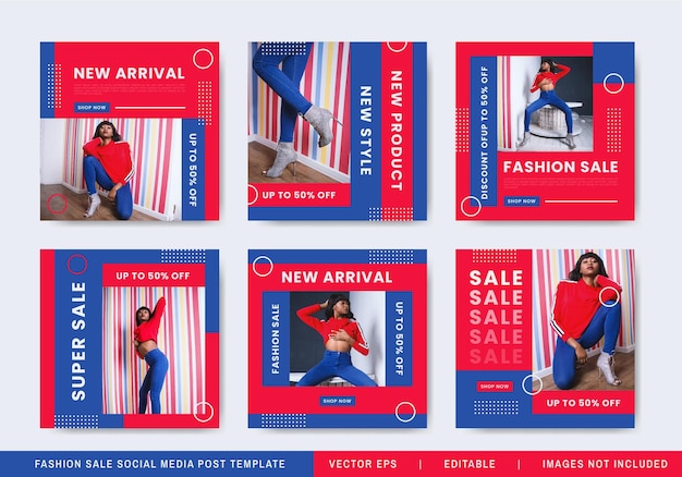 Colección de plantillas de publicación de redes sociales de venta de moda con color rojo y azul