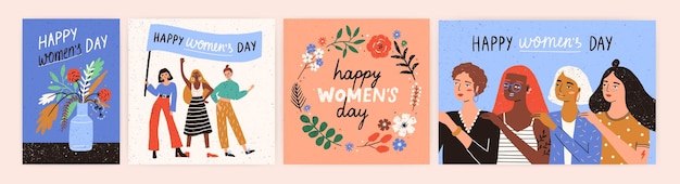 Colección de plantillas de tarjetas de felicitación o postales con ramo de flores en jarrón, corona floral, activistas del feminismo y deseo del Día de la Mujer Feliz. Ilustración vectorial festiva moderna para la celebración del 8 de marzo.
