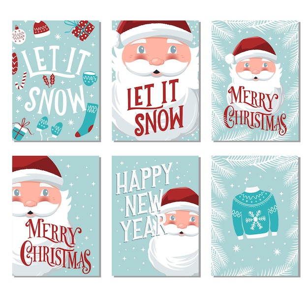 Colección de plantillas de tarjetas de Navidad y año nuevo con Santa Claus y tipografía de letras dibujadas a mano. Conjunto de iconos de vacaciones. Ilustración de vector colorido.