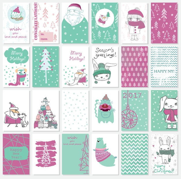 Colección de plantillas de tarjetas de Navidad con gatos, Papá Noel, osos, gatos y texto de felicitación dibujado a mano Feliz Navidad