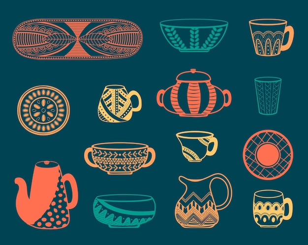 Vector colección de platos de cerámica multicolor sobre un fondo oscuro