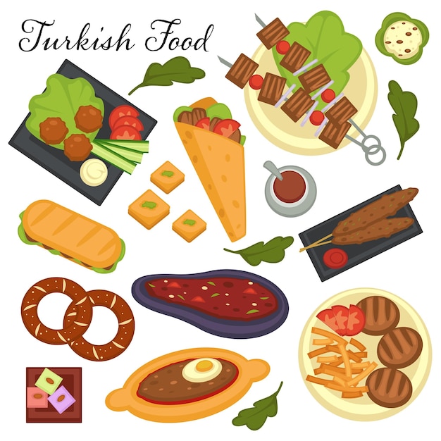 Colección de platos de cocina turca cena y almuerzo comidas hechas de verduras y kebab de carne y menemen hechos con huevo