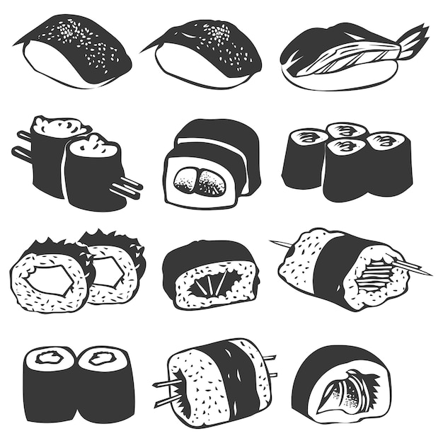 Colección de platos de Sushi de silueta sólo en color negro