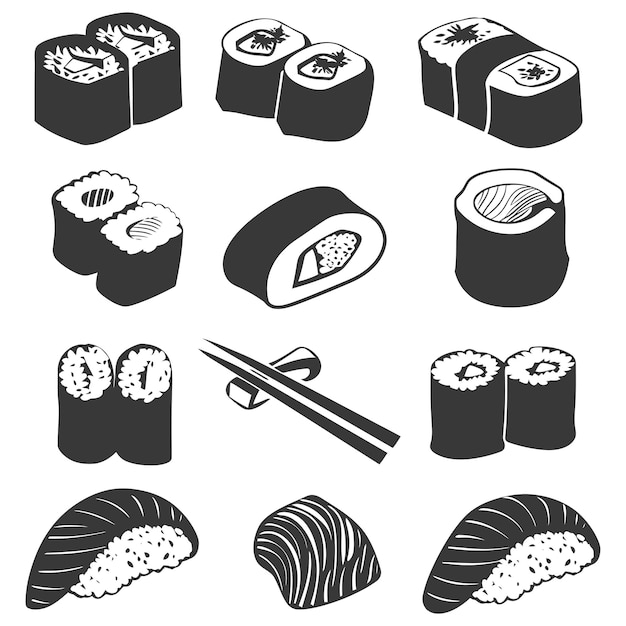 Vector colección de platos de sushi de silueta sólo en color negro