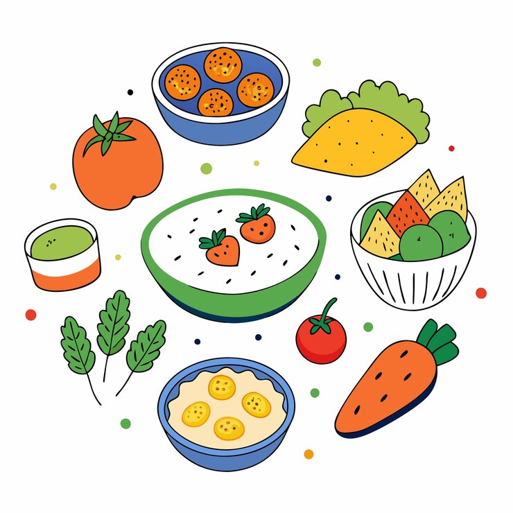 Vector colección de platos vegetarianos dibujados a mano en fondo blanco para proyectos de alimentos saludables