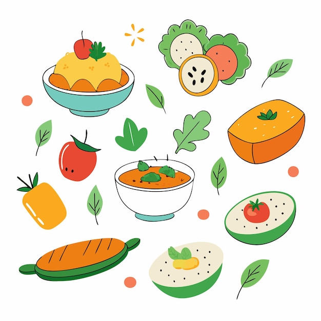 Colección de platos vegetarianos dibujados a mano en fondo blanco para proyectos de alimentos saludables