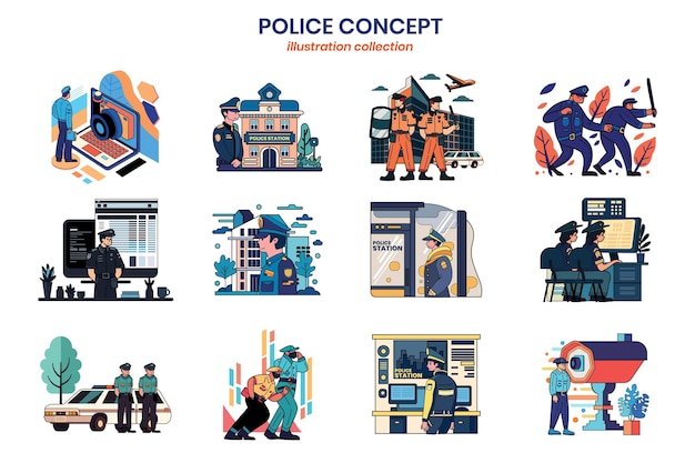 Colección de policía dibujada a mano en ilustración de estilo plano para ideas de negocios
