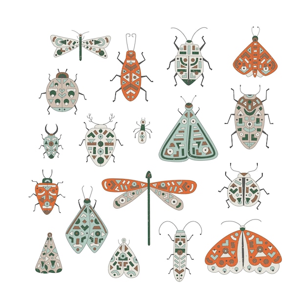 Vector colección de polilla mariposa festiva insecto mariquita cucaracha hormiga libélula conjunto de ilustraciones vectoriales de insectos voladores con patrón geométrico