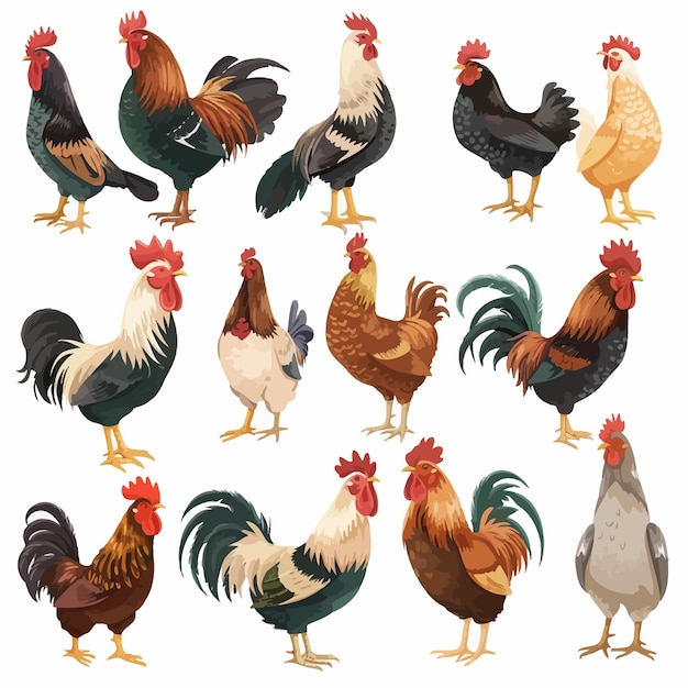 Vector una colección de pollos con uno de ellos mostrando los diferentes colores