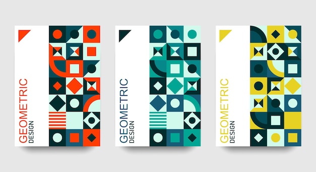 Colección de portadas geométricas rojas, verdes y amarillas.