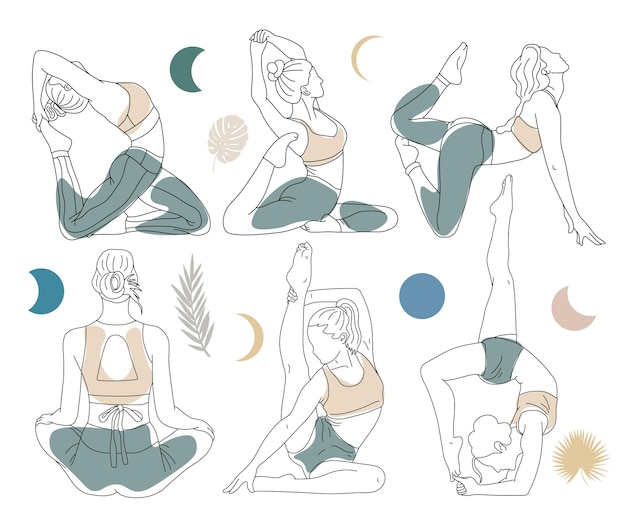 Vector colección de poses de yoga arte lineal feliz día del yoga