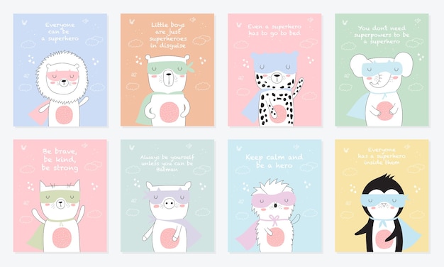 Colección de postales vectoriales con animales de superhéroes y un eslogan genial Ilustración de Doodle