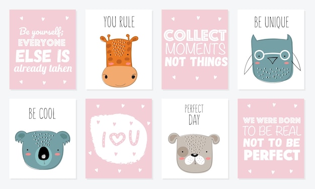 Colección de postales vectoriales con lindos animales doodle y frase de letras de motivación
