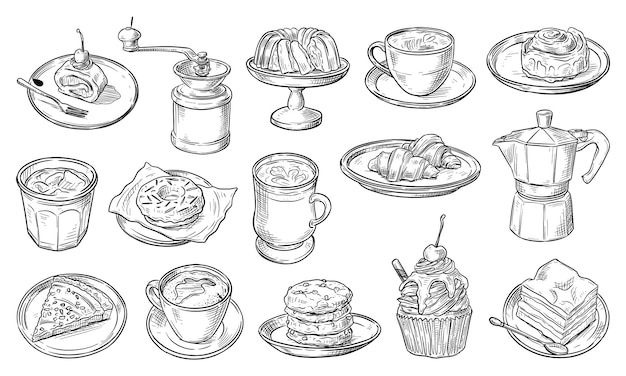 Colección de postres y café de la mañana dibujada a mano