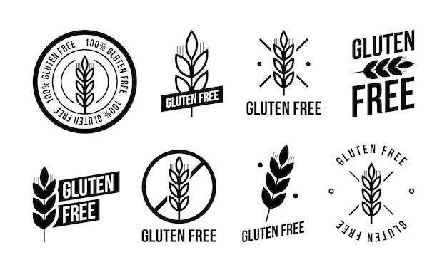 Colección de precintos sin gluten. Varios diseños en blanco y negro, se pueden utilizar como sellos, sellos, insignias, para embalaje, etc. Ilustración vectorial