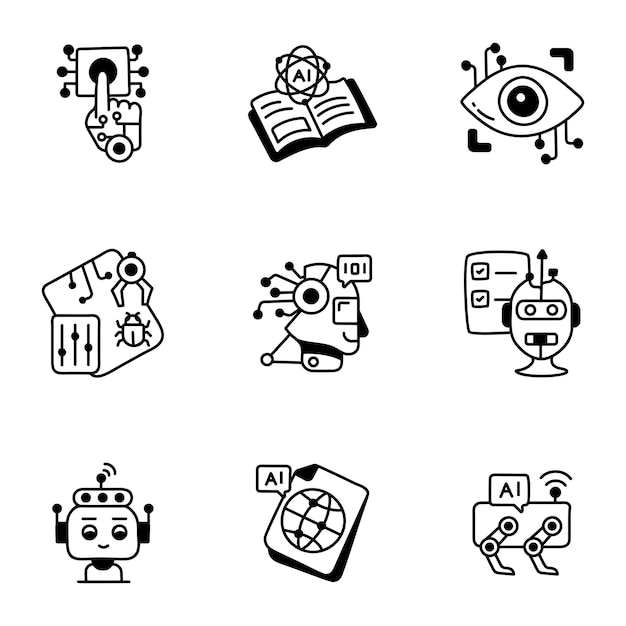 Colección premium de iconos dibujados a mano de AI Robotics