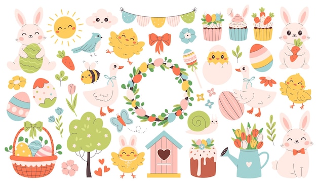 Colección de primavera de animales, flores y decoraciones de temporada.