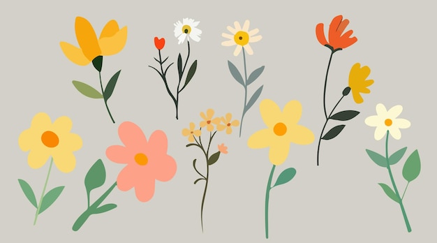 Colección de primavera colorido ramo de flores elementos vectoriales Conjunto floral botánico de flores silvestres