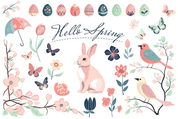 Colección de primavera elementos de primavera dibujados a mano flores conejo pájaro ilustración vectorial diseño de moda
